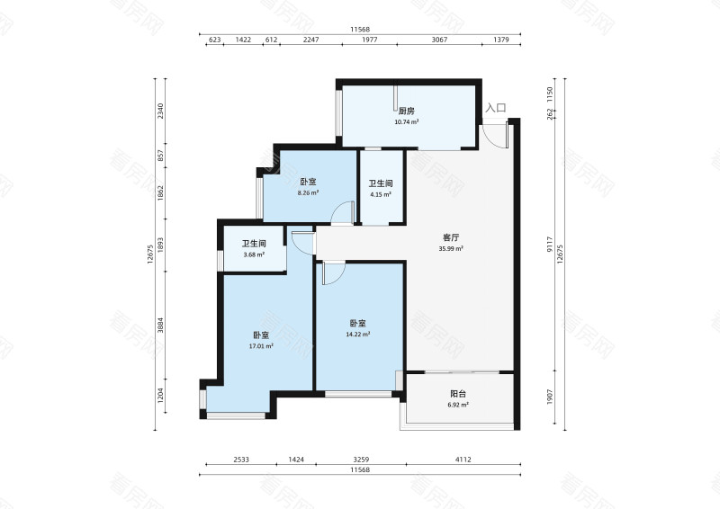 华盈爱琴湾小区3室2厅户型图2