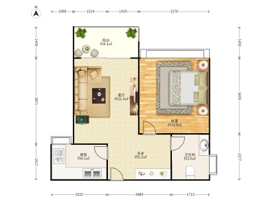 华发首府小区1室1厅1卫户型图2
