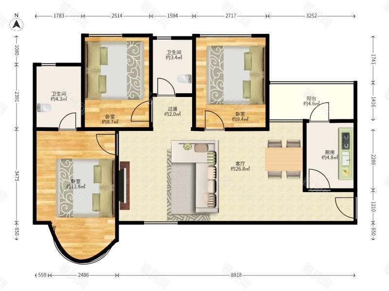 雅居乐花园1-3期 3室2厅 83.8㎡ 满五年_雅居乐花园1-3期二手房户型图片9