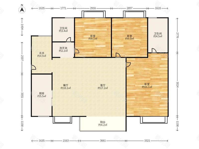 时代名著 3室2厅 96.33㎡ 精装_时代名著二手房户型图片1