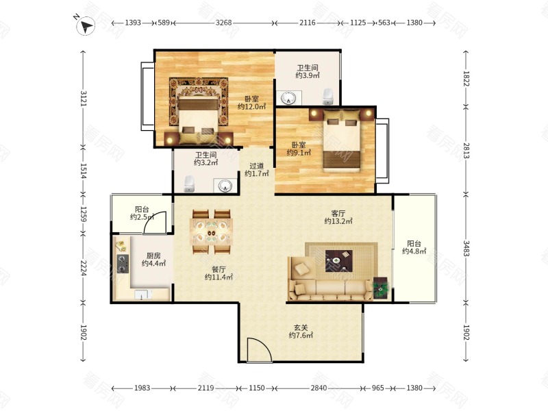 海尚绿洲小区2室2厅2卫户型图2